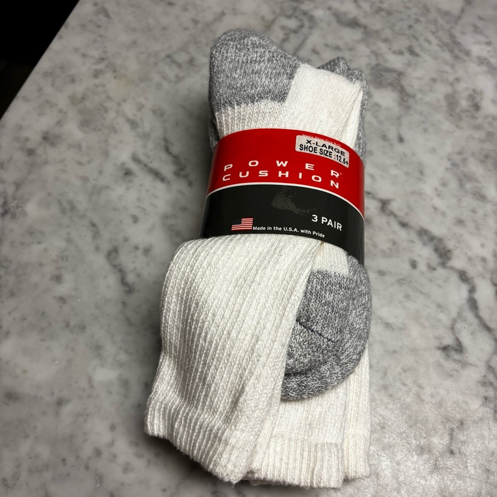 3-pair pack of "Power Cushioned" men's crew socks, X-Large size 12.5+.